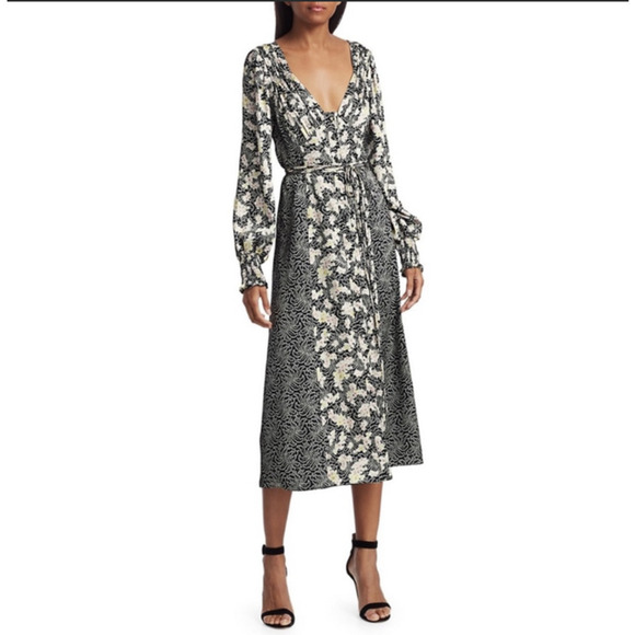Cinq a Sept Black Mixed Floral Jessica Midi Dress sz 2 $425